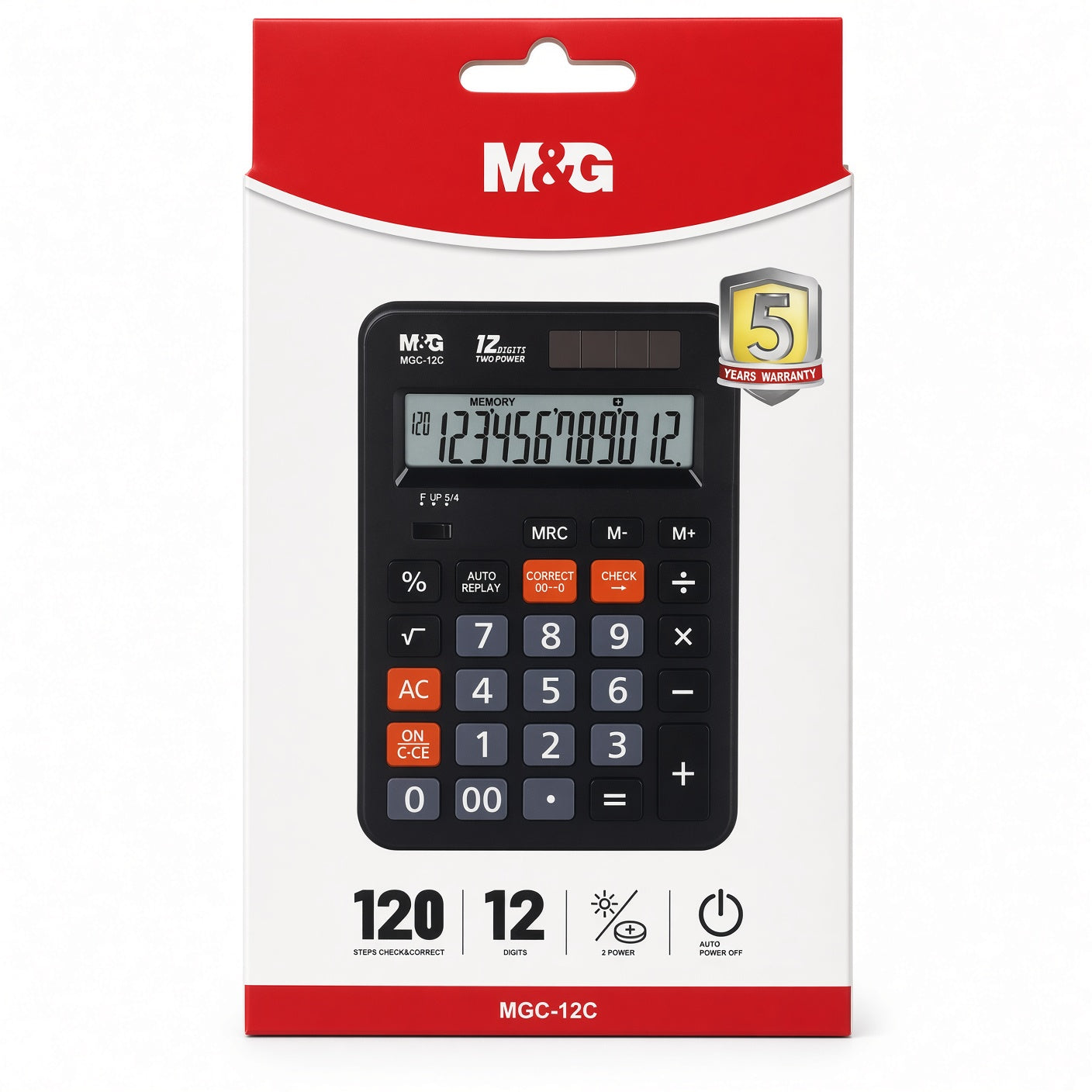 M&G Chenguang MGC-12C 12-Digit Desktop Calculator with Check & Correct Function, Memory Keys, Dual Power and Auto Power Off - 1pcs - No: ADG981J8