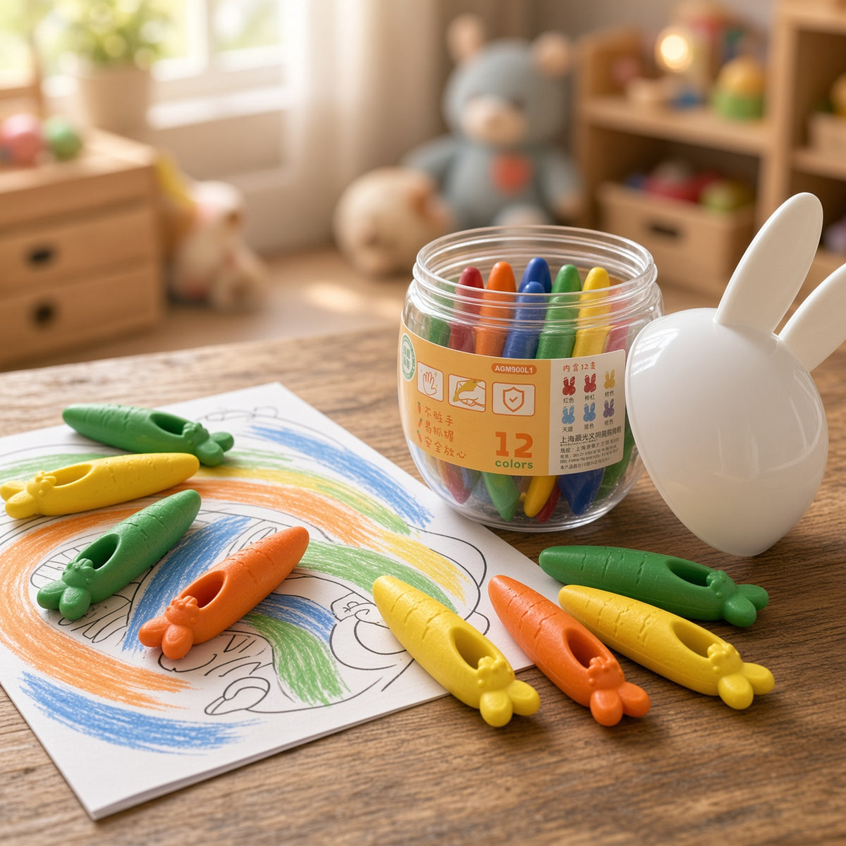 M&G Chenguang Bunny-Shaped Crayon Set – 12 Colors, Easy-Grip Design, Creative Coloring Crayons – No: AGM900L1
