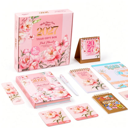 Mofakera Pinky Floral 2027 Year Gift Box – Luxury A5 Daily Planner & 10-Piece Stationery Gift Set - Pink ( Agenda )