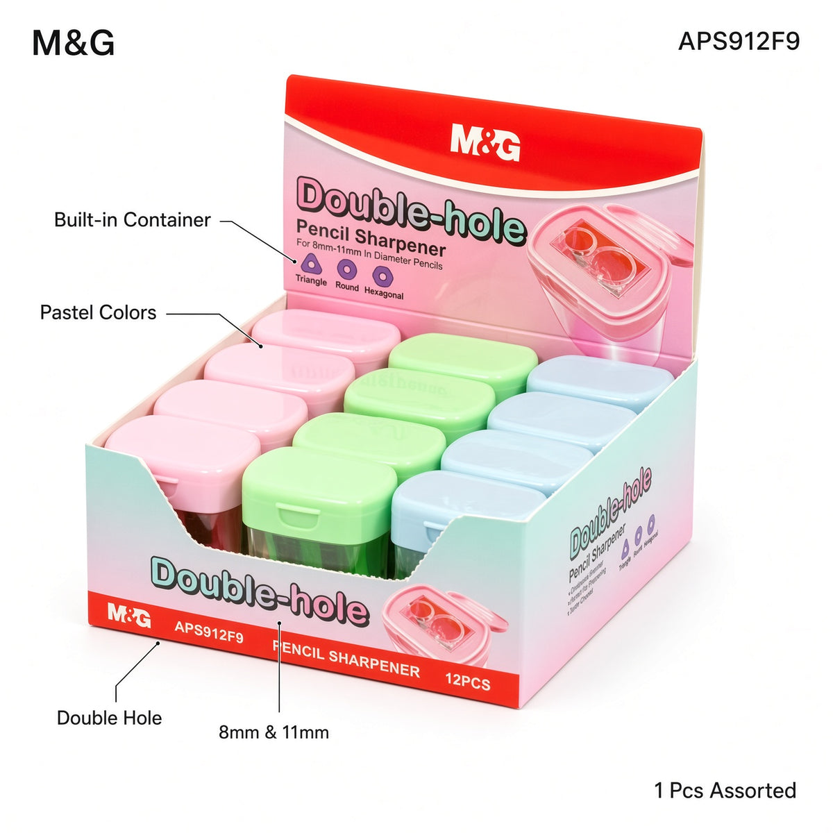 M&G Chenguang Double Hole Pencil Sharpener with Container  – Dual-Hole Sharpener for Standard & Thick Pencils - 1pcs - No: APS912F9