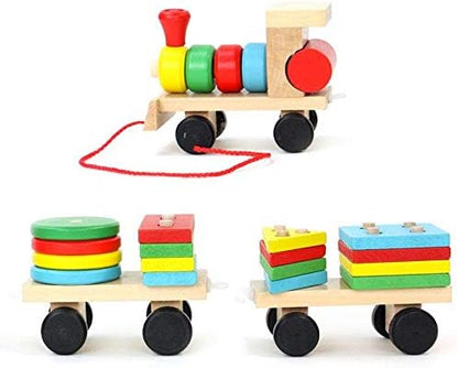 Small Wooden Train And Dragging Three Geometric Shape Bricks