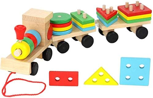 Small Wooden Train And Dragging Three Geometric Shape Bricks
