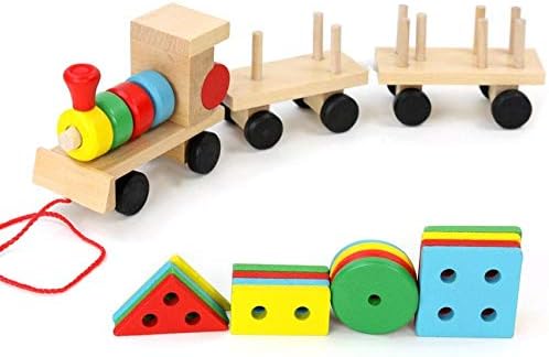 Small Wooden Train And Dragging Three Geometric Shape Bricks