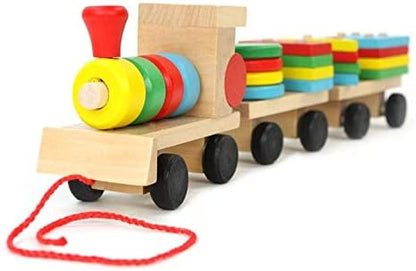 Small Wooden Train And Dragging Three Geometric Shape Bricks
