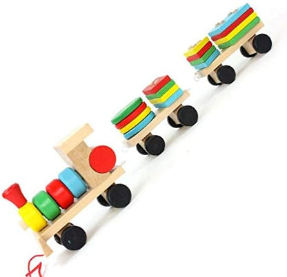 Small Wooden Train And Dragging Three Geometric Shape Bricks