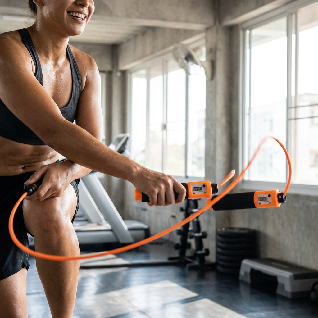 Person skipping with the M&G adjustable jump rope with counter in a gym