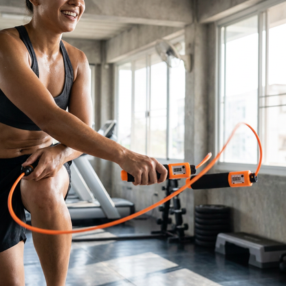 Person skipping with the M&G adjustable jump rope with counter in a gym