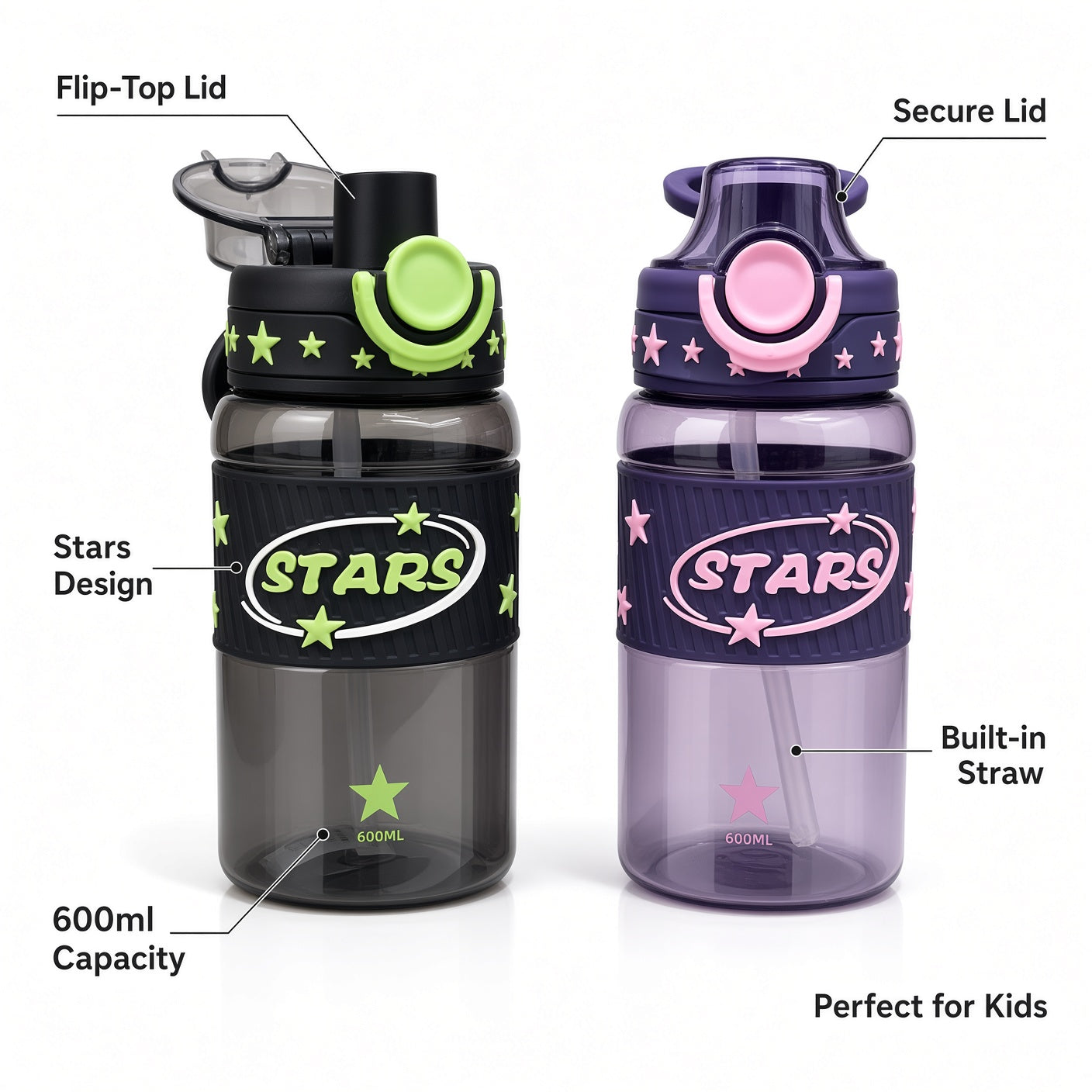 Kids Stars Water Bottle 600ml with Straw & Flip-Top Lid - 1pcs - Assorted Color