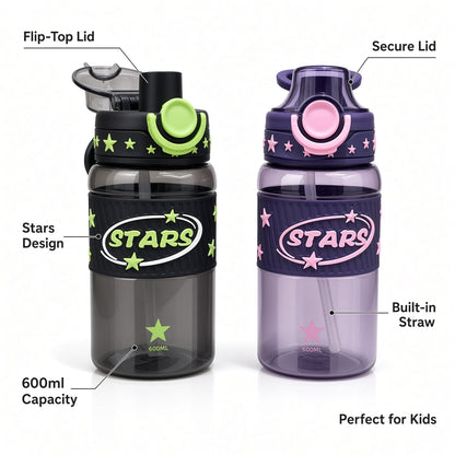 Kids Stars Water Bottle 600ml with Straw & Flip-Top Lid - 1pcs - Assorted Color