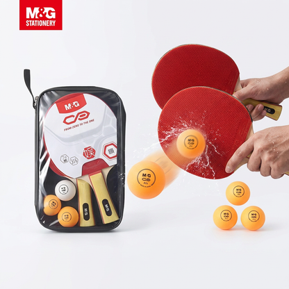Two people playing table tennis with M&G paddles