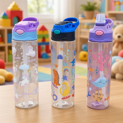 Kids Cartoon Water Bottle with Straw & Carry Handle – 680ml - 1pcs - Assorted Color