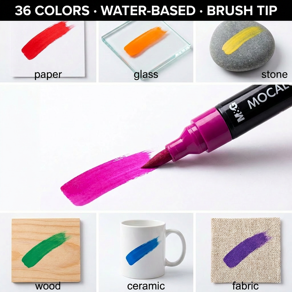 M&G MOCALO acrylic marker features - 36 colors, water-based, brush tip on paper, glass, stone, wood, ceramic, fabric