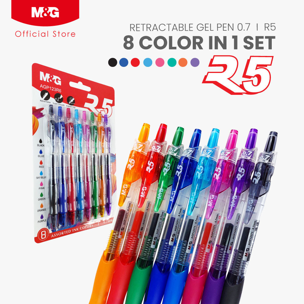 M&G Chenguang R5 Retractable Gel Pens Writing, Smooth Ink  0.7mm - 8 PCS/SET (8 Colors) - No:AGP123R6