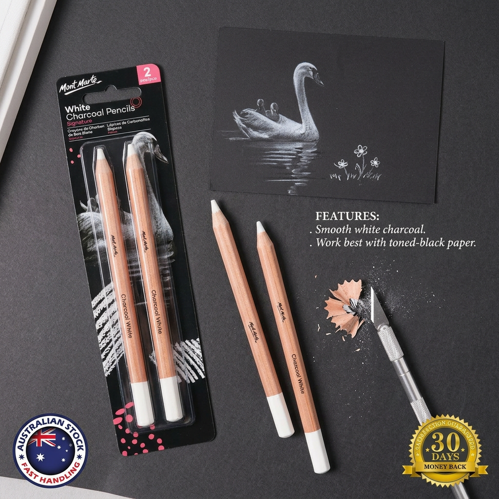 Mont Marte large white charcoal pencils flatlay on dark surface