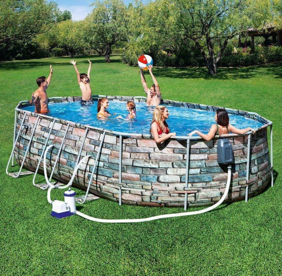 مجموعة حمام سباحة بيضاوي الشكل من الفولاذ المقاوم للصدأ من بيست واي، مقاس 610×366×122 سم - رقم: 56719