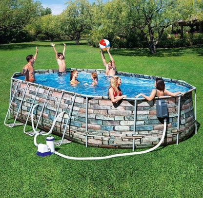 مجموعة حمام سباحة بيضاوي الشكل من الفولاذ المقاوم للصدأ من بيست واي، مقاس 610×366×122 سم - رقم: 56719