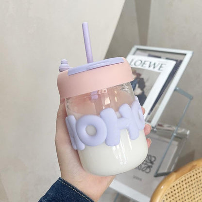 Cute OHOI Kids Water Bottle with Straw Water Cup, Glass Cup, Straw Cup for Women, Cute Portable Heat Resistant Cup – 480ml