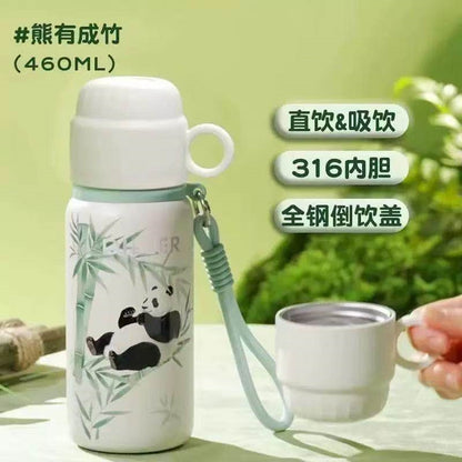 DILLER Panda Vacuum Insulated Stainless Steel Water Bottle and Cup with Strap – 460ml Leakproof Travel Flask