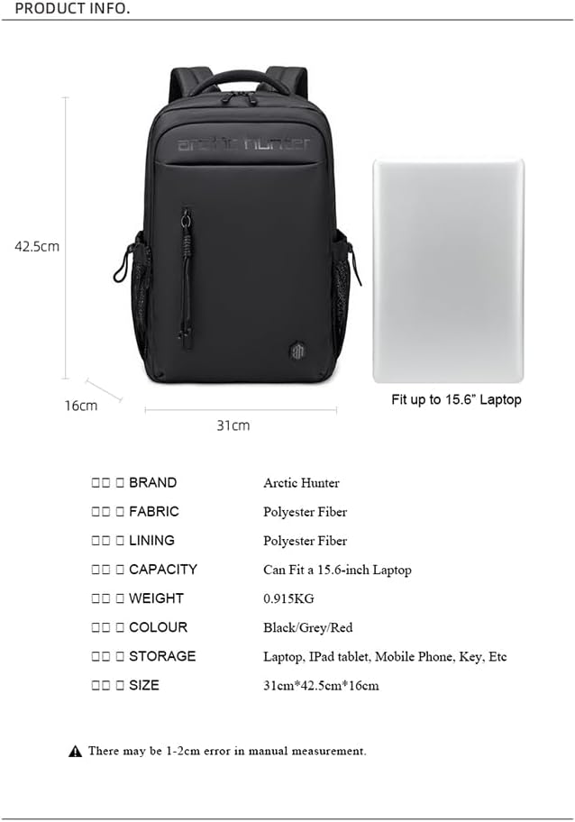 Arctic Hunter Backpack for unisex Sleek 15.6-inch Laptop Bag 21L Medium Backpack Multi-pockets Water/Wear-resistant -No: B00534