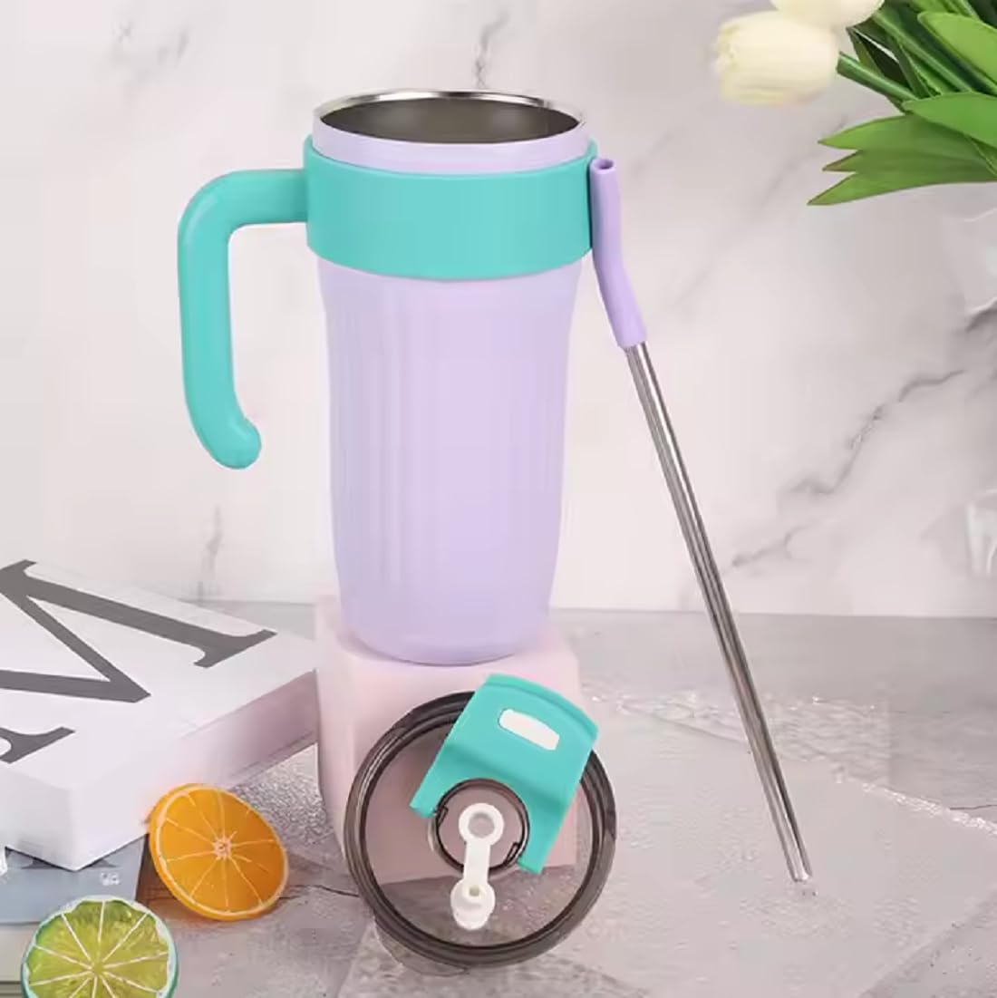 860ml Vacuum Insulated Tumbler with Handle & Straw – Stainless Steel Leakproof Travel Mug for Hot & Cold Drinks