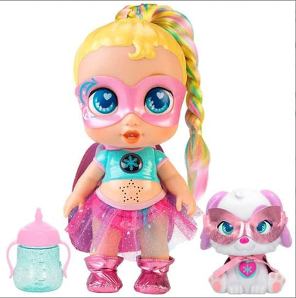 دمية رائعة فائقة الجمال مع حيوان أليف، فستان لامع، شعر أشقر، قوة خارقة - رقم: SC042A2