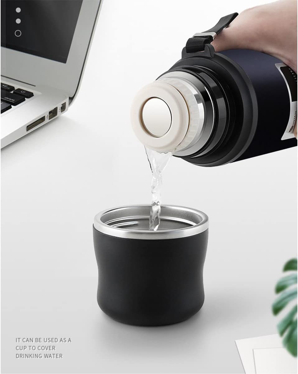 QXSD Stainless Steel Vacuum Flask with Carrying Strap & Cup Lid – 1000ml – Double Wall Insulated Travel Bottle