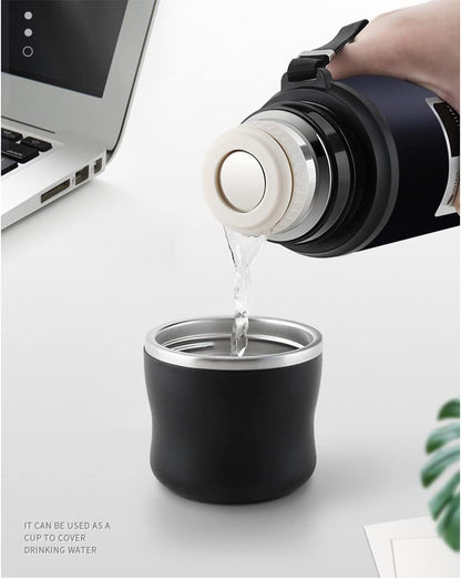 QXSD Stainless Steel Vacuum Flask with Carrying Strap & Cup Lid – 1000ml – Double Wall Insulated Travel Bottle