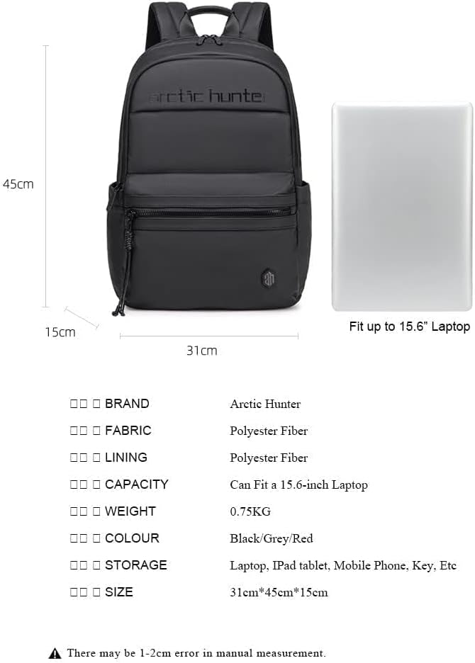 حقيبة ظهر مقاومة للماء من Arctic Hunter، مناسبة لأجهزة الكمبيوتر المحمولة مقاس 15.6 بوصة - رمادي - رقم المنتج: B00536