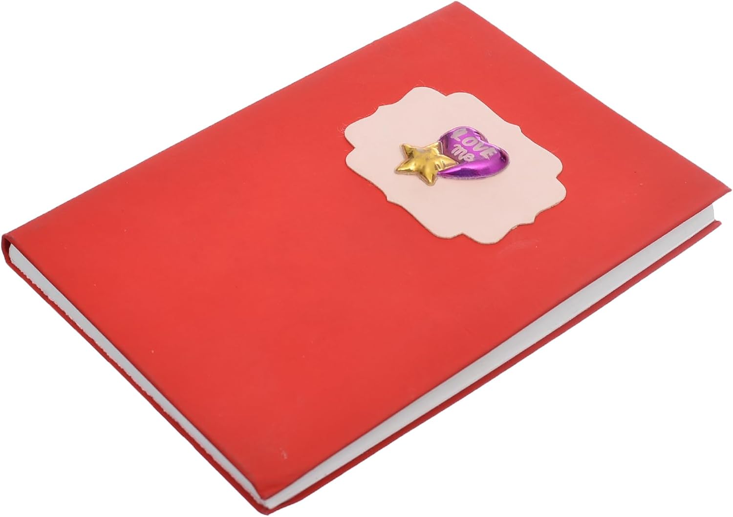 Red notebook with decorative pin on a white background