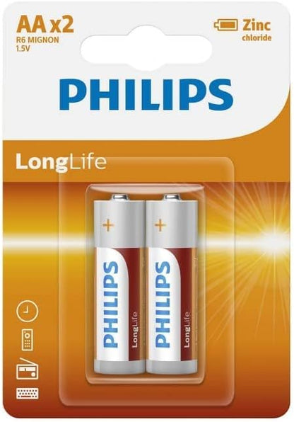 Philips Long Life Zinc Battery Set, 1.5 Volt, Type AA - 2 Pcs - No:R6L2B