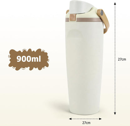Thermos Flask with Straw, 900ml Stainless Steel Drinking Bottle with 2-in-1 Lid, Sports Bottle BPA-Free, Insulated Flask for Hot and Cold Beverages Water Bottle