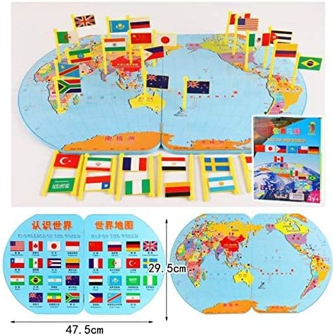 أحجية تركيب الصور الخشبية لخريطة العالم مع العلم - 47.5 × 29.5 سم