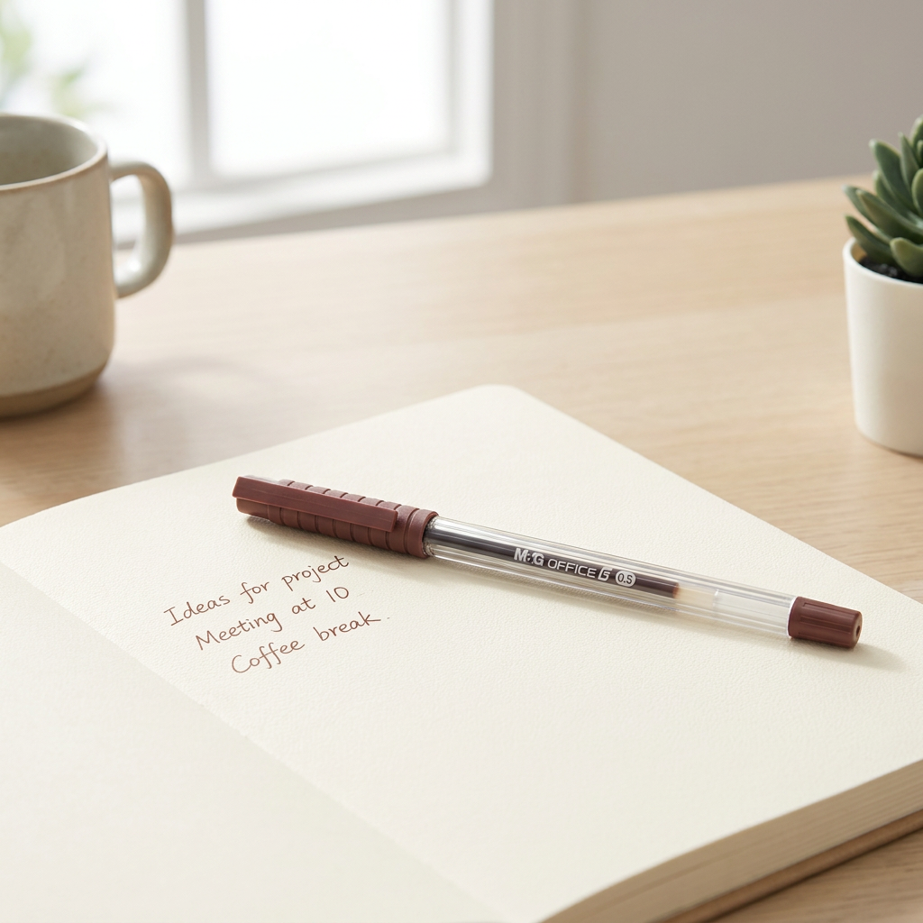 M&G Office G 0.5mm brown gel pen No.13271 on notebook - lifestyle