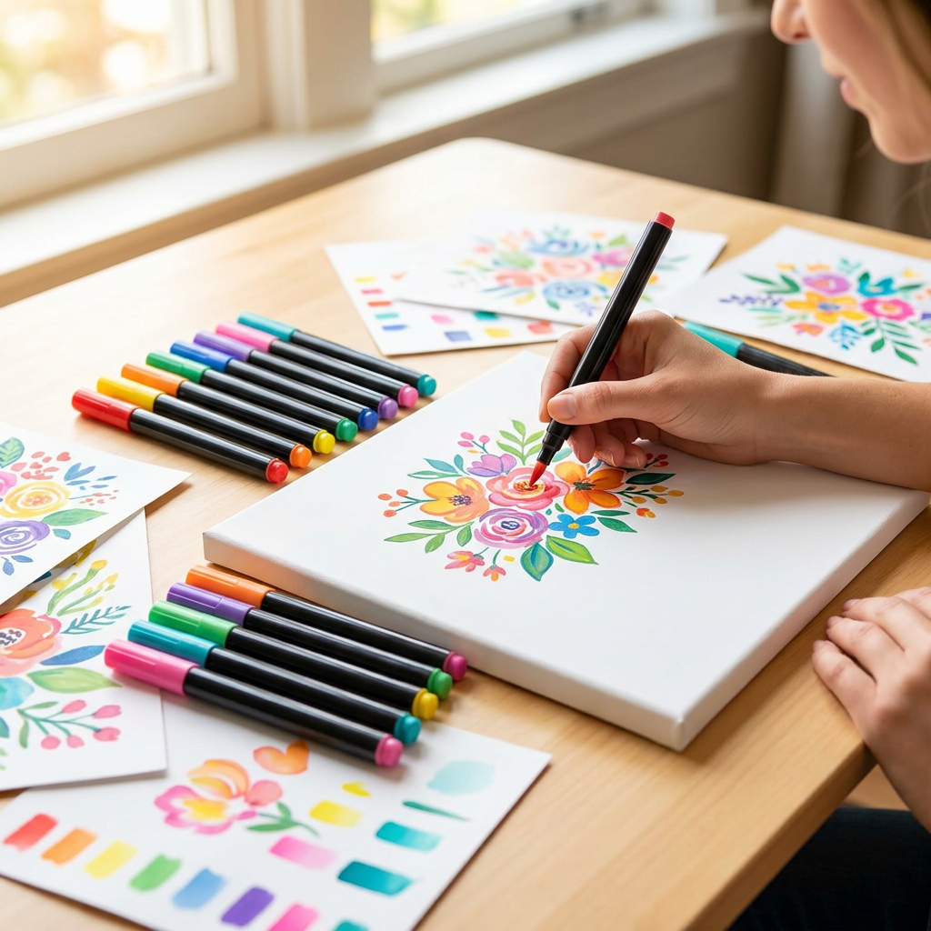 Hand painting colorful floral art with M&G MOCALO acrylic brush markers