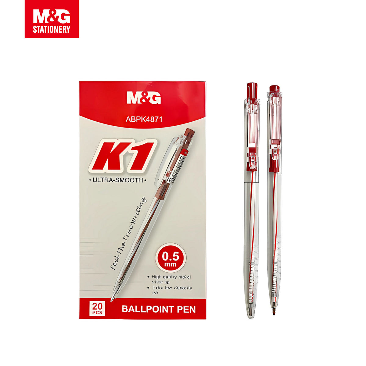 M&G Chenguang K1 Ultra-Smooth Ballpoint Pen 0.5mm – Black, Blue & Red Ink – 1pcs - No: ABPK4871