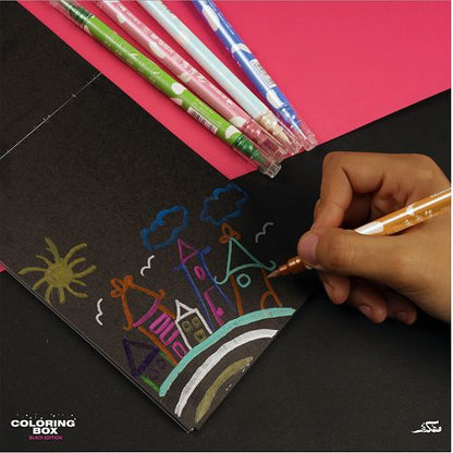 علبة تلوين موفاكيرا الإصدار الأسود + 5 أقلام جل باستيل + ​​دفتر ملاحظات + إطار