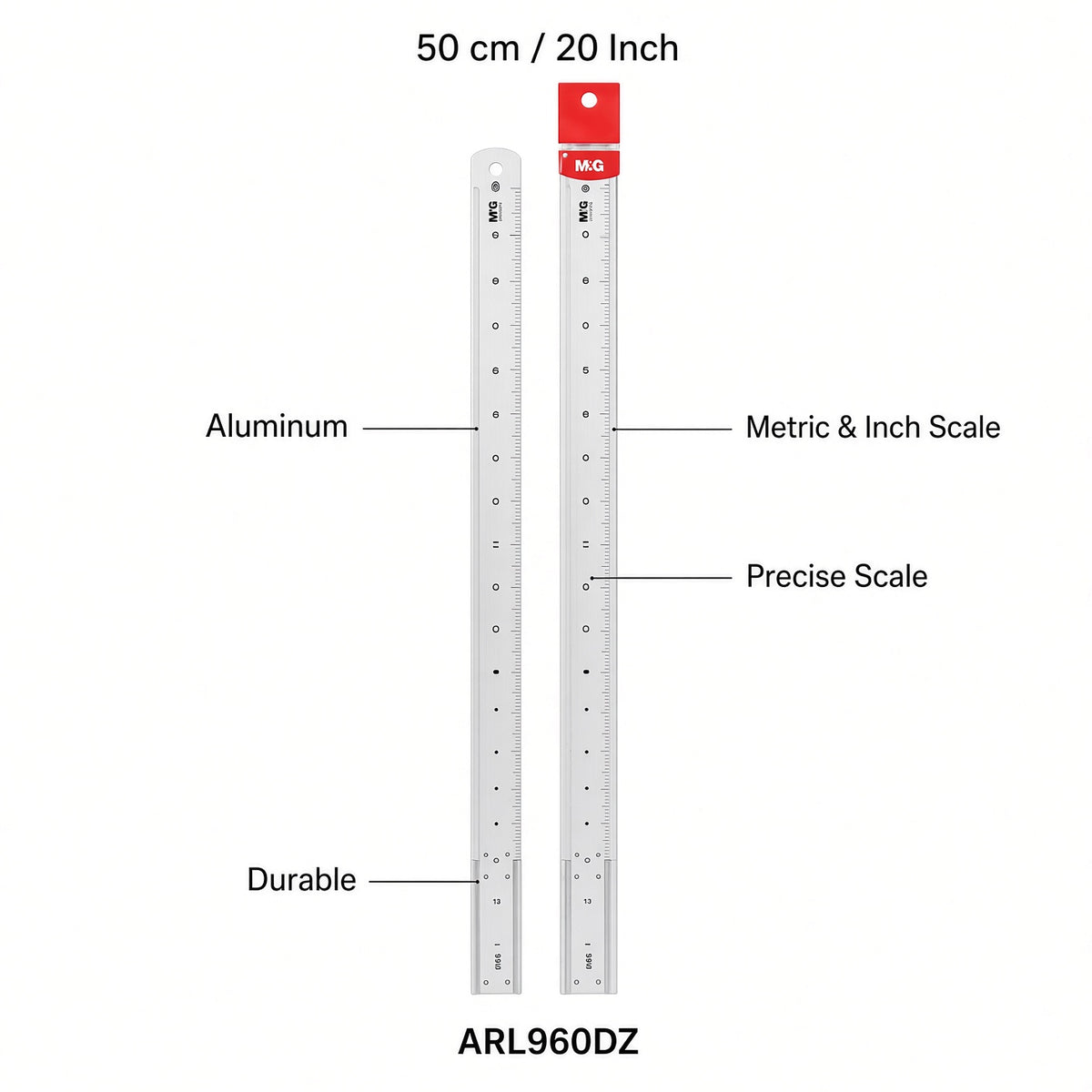 M&G Chenguang Aluminum Ruler 50 cm / 20 Inch – Precise Metric & Imperial Scale, Durable Metal Ruler for School, Office & Drawing - No: ARL960DZ