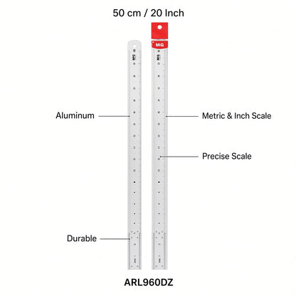 M&G Chenguang Aluminum Ruler 50 cm / 20 Inch – Precise Metric & Imperial Scale, Durable Metal Ruler for School, Office & Drawing - No: ARL960DZ