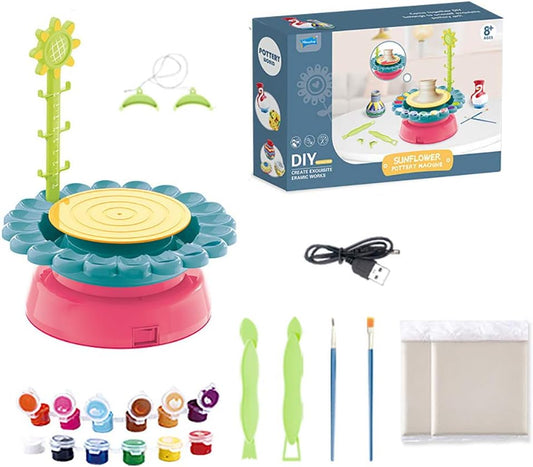 عجلة فخار على شكل زهرة عباد الشمس، آلة عجلة سيراميك كهربائية، طقم طين نحت يجف في الهواء وطلاء حرفي - رقم: 2110