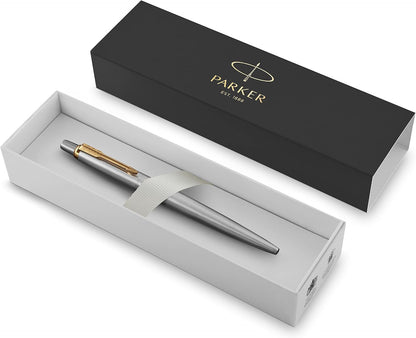 Parker Jotter Stainless Steel with Chrome Trim Ballpoint Pen Gift Set – Premium Blue Ballpoint Pen with Luxury Presentation Box - GT Gold / Silver