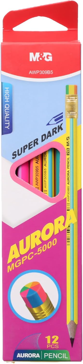M&G Chenguang Aurora 2B Wooden Pencils with Eraser – Super Dark Hexagonal Graphite Pencils, Break-Resistant, Pack of 12 - No:AWP309B5