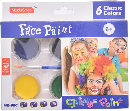 MeiduGaga Non-Toxic Glitter Face Paint Pack of 6 Colors with Brush - Multi Color - No:MD900