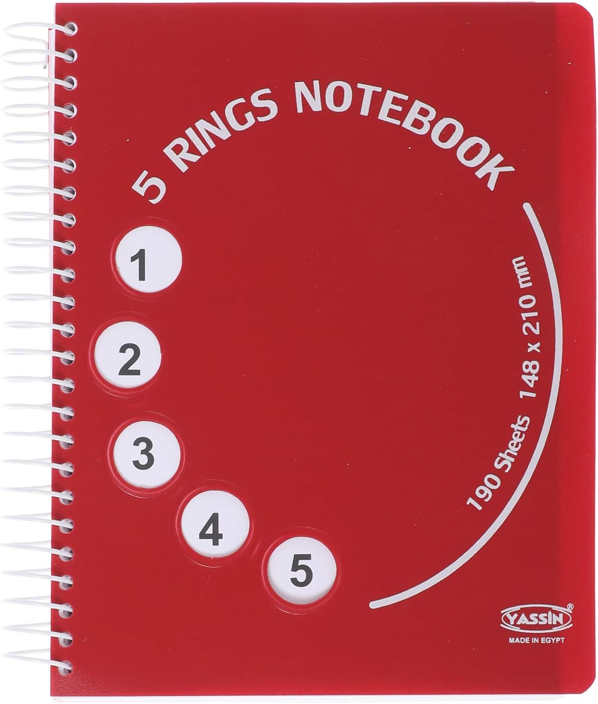 Red notebook with '5 Rings Notebook' text and Yassin brand logo on a white background