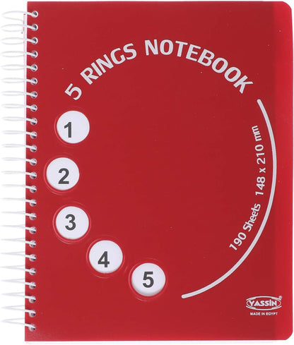 Red notebook with '5 Rings Notebook' text and Yassin brand logo on a white background