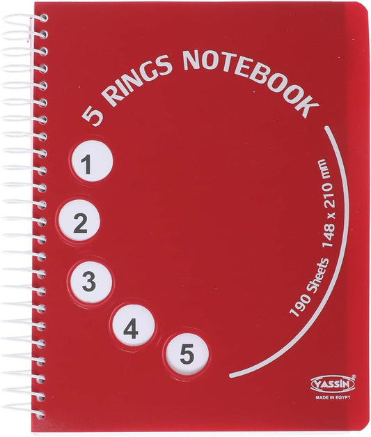 Red notebook with '5 Rings Notebook' text and Yassin brand logo on a white background