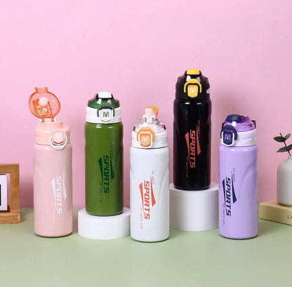 Sports Stainless Steel Water Bottle 600ml | Leak Proof Vacuum Insulated Flask | Hot & Cold Thermos Bottle with Strap for Gym, School, Office & Travel