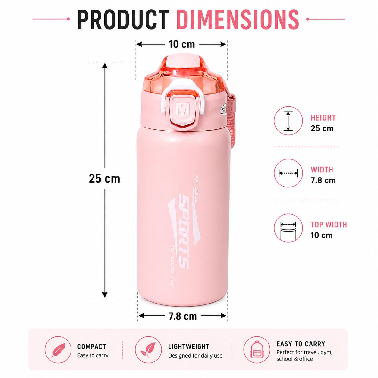Sports Stainless Steel Water Bottle 600ml | Leak Proof Vacuum Insulated Flask | Hot & Cold Thermos Bottle with Strap for Gym, School, Office & Travel