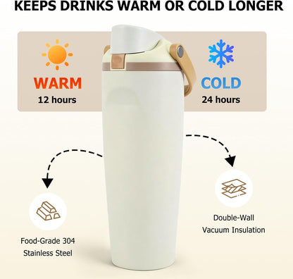 Thermos Flask with Straw, 900ml Stainless Steel Drinking Bottle with 2-in-1 Lid, Sports Bottle BPA-Free, Insulated Flask for Hot and Cold Beverages Water Bottle