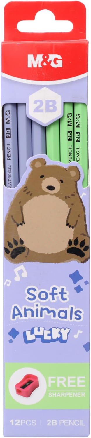 M&G Chenguang Soft Animals Lucky 2B Wooden Pencils with Free Sharpener – 12-Pack, Break-Resistant, Easy to Sharpen, School & Drawing Use - No: AWP308G2