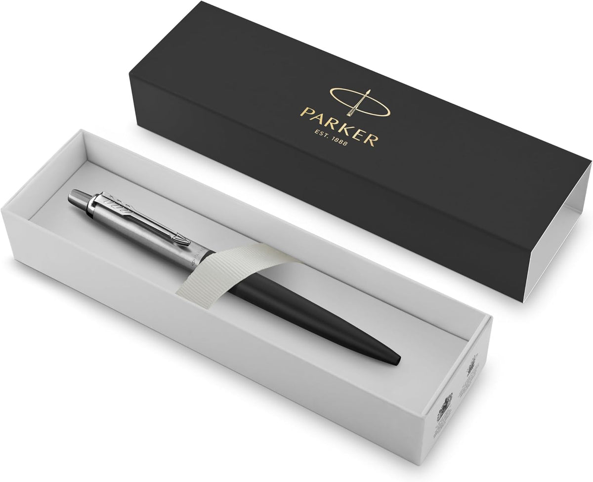 Parker Jotter Ballpoint Matte Black | Chrome Trim | Medium Point Pen Gift Set – Premium Black Ballpoint Pen with Luxury Presentation Box - CT - Black